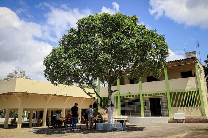 Fachada da pousada com grande mangueira no pátio